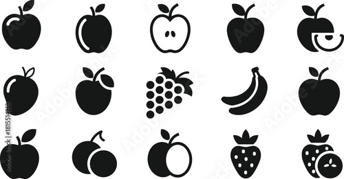 Black Fruit Silhouette Icons Set Featuring Apple Banana Grape Strawberry Plum Whole and Sliced Minimalist Style for UI Design