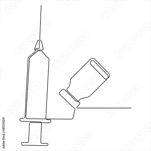 Continuous line drawing of medical syringe and vial simple illustration of vaccine and injection syringe line art vector illustration