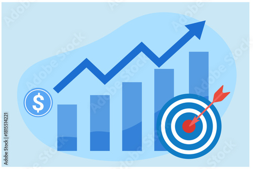 Graph rising up arrow, target and darts. Business goal, financial target, growth strategy, marketing, success achievement vector illustration