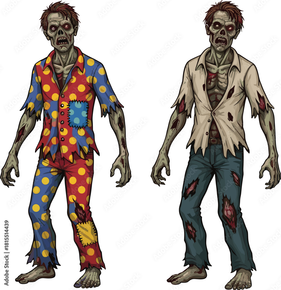 Fototapeta premium Zombie clown character, scary undead artwork, creepy cartoon zombie, spooky Halloween design, horror monster illustration, scary costume art, haunted night theme, terrifying drawing
