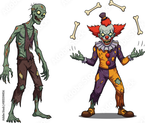 Zombie clown character, scary undead monster, creepy circus horror, spooky Halloween artwork, cartoon zombie design, juggling bones illustration, funny scary drawing, horror cartoon