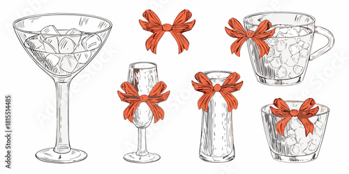 Elegant drinkware collection featuring martini glass, champagne flute, and mugs adorned with festive holiday bows perfect for celebrations