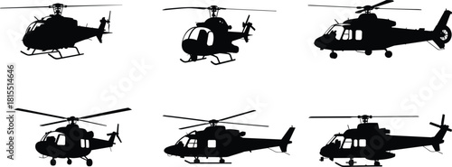 Black helicopter silhouette set with various rotor, tail, and landing gear designs for aviation, military, transport, and graphic design use.