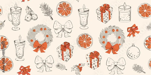 Festive Christmas cheer with charming hand-drawn gifts, wreaths, candles, bows and orange slices for joyful holiday designs and unique seasonal projects