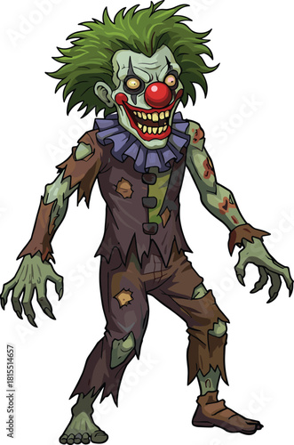 Zombie clown illustration, creepy undead character, horror cartoon art, Halloween monster, scary circus freak, green hair, sharp teeth, spooky vibe
