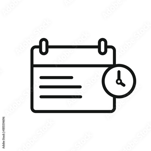 Calendar outline with clock symbol template, simple study planner icon, minimal productivity vector
