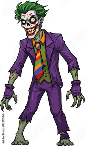 Zombie Joker character illustration, creepy undead clown artwork, horror villain cartoon, scary monster design, evil grin, Halloween fantasy art, decayed suit