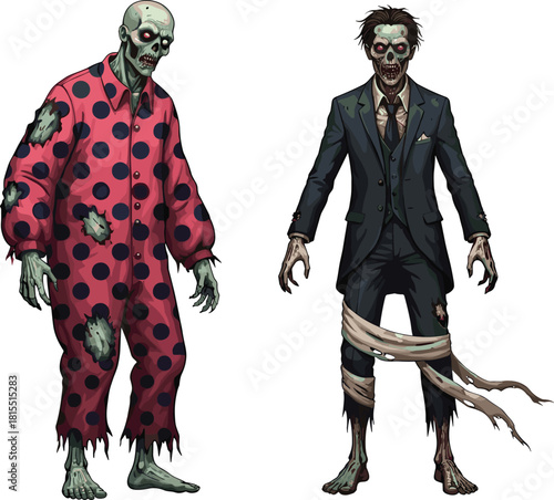 Zombie in red polka dot onesie, creepy undead character, horror monster in tattered suit, scary Halloween costume, spooky walking dead illustration