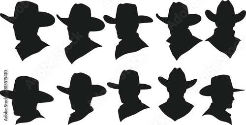 Cowboy head silhouettes, western cowboy portrait profiles, cowboy hat vector icons, country ranch western cowboy clipart illustration set