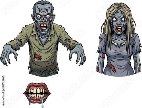 Zombie man, zombie woman, scary undead characters, horror illustration, Halloween monsters, creepy teeth, infected faces, spooky art, blood, wounds