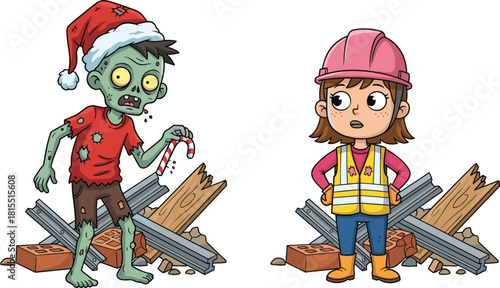 Zombie Santa with candy cane and construction worker girl in safety gear standing near debris festive horror cartoon, cad drawing flat vector illustration