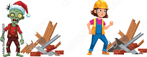 Zombie Santa with green skin and construction worker girl standing near debris destruction festive horror cartoon contrast, cad drawing flat vector illustration