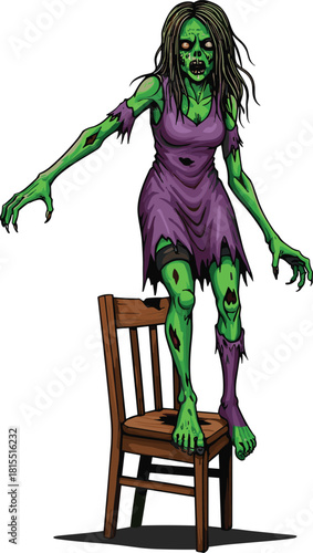 Zombie standing on wooden chair, creepy undead character, horror illustration, spooky Halloween theme, scary monster art, tattered clothes, eerie green skin, digital design