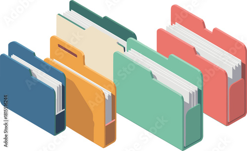 Isometric colorful file folder illustration set with documents, office organization icons, digital archive concept, paperwork management and storage vector