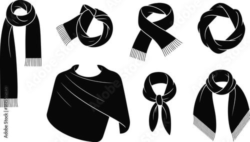 Black Silhouette Vector Set of Fashionable Scarf and Shawl Styles with Knots, Drapes, Loops, Bows, and Fringes