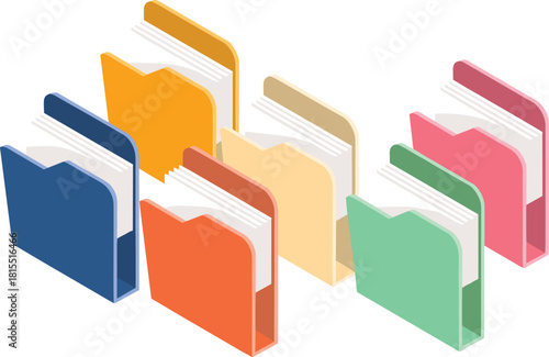 Isometric colorful file folder illustration set with documents, office organization icons, digital archive concept, paperwork management and storage vector