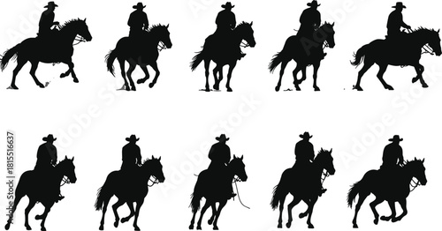 PrintCowboy riding horse silhouettes, western cowboy motion sequence, ranch rodeo rider vector, cowboy galloping horse animation frames illustration