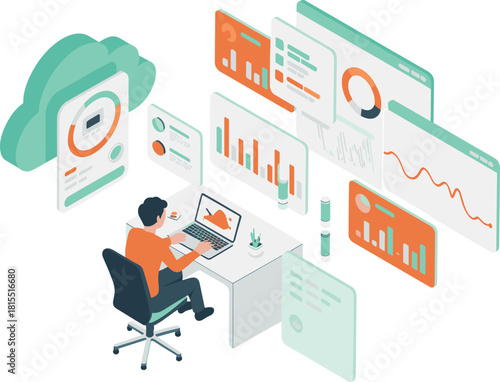 Isometric digital workspace with cloud computing analytics dashboard, data visualization screens, remote work concept, modern online technology environment illustration
