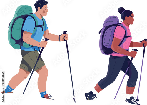 Cartoon hikers trekking with backpacks and poles in nature, outdoor adventure activity, mountain hiking gear, fitness, travel illustration vector.