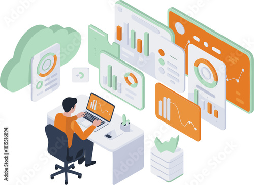 Isometric digital workspace with cloud computing analytics dashboard, data visualization screens, remote work concept, modern online technology environment illustration
