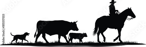 Cowboy herding cattle silhouette, western ranch scene with horse, cow, calf, and dog, vintage cowboy vector illustration design