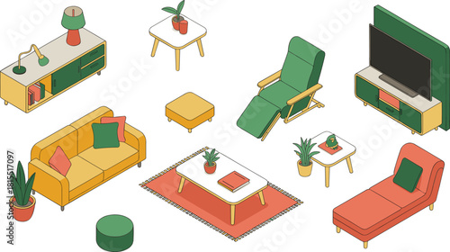 Isometric modern living room furniture set with sofa lounge chairs tables plants TV cabinet home interior decoration elements vector illustration