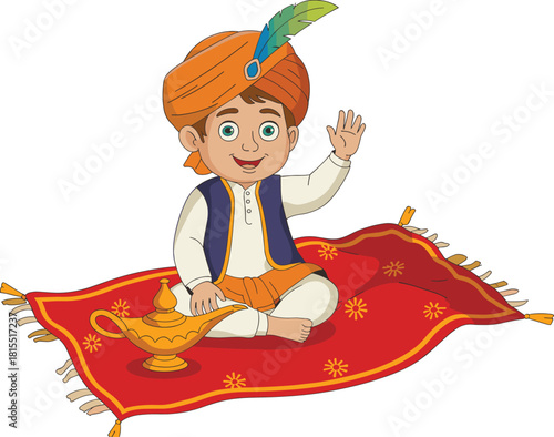 Cartoon Middle Eastern boy on flying carpet with magic lamp, traditional clothes, waving hand, folklore fantasy illustration for children’s stories
