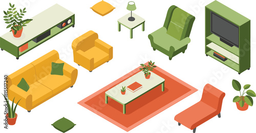 Isometric modern living room furniture set with sofa lounge chairs tables plants TV cabinet home interior decoration elements vector illustration