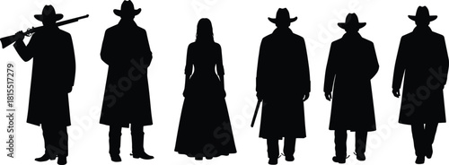 PrintWestern cowboy silhouettes group, Wild West outlaw and cowgirl illustration, vintage cowboy vector art, western gunmen and lady design