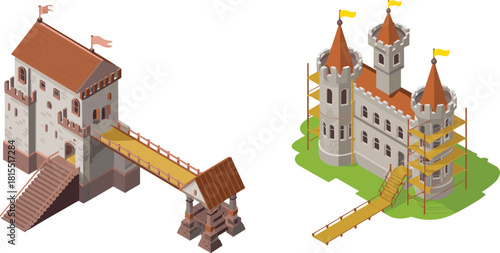 Isometric medieval castle illustration set featuring stone fortresses towers drawbridges scaffolding renovation scene ancient architecture fantasy building vector