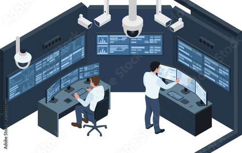 Isometric security operations center with analysts monitoring multiple screens, surveillance cameras, cybersecurity control room technology, real-time data analysis environment