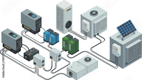 Isometric solar energy system with battery storage units, inverters, power controllers and connected devices illustrating renewable electricity technology network