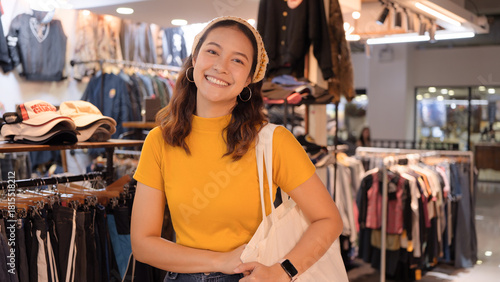 Young teen Gen Z asia female happy smile looking at camera at zero waste eco go green buy second hand sale store flea market mall thrift old used vintage fabric retro style. Woman people enjoy shop.
