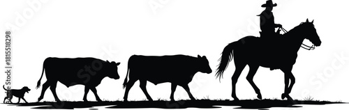 Cowboy herding cattle silhouette with horse and dog, western ranch life vector art, cowboy and cows farm scene illustration