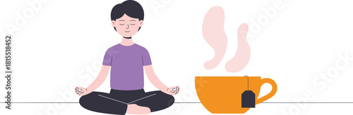 Minimalist illustration of person meditating with hot tea cup, peaceful relaxation wellness concept, calm mindfulness practice cartoon vector