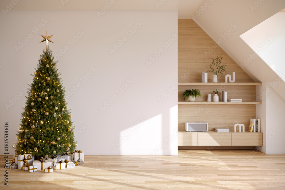 Fototapeta premium Empty modern living room interior with Christmas tree and wooden shelves, White Wall mockup, 3D rendering.