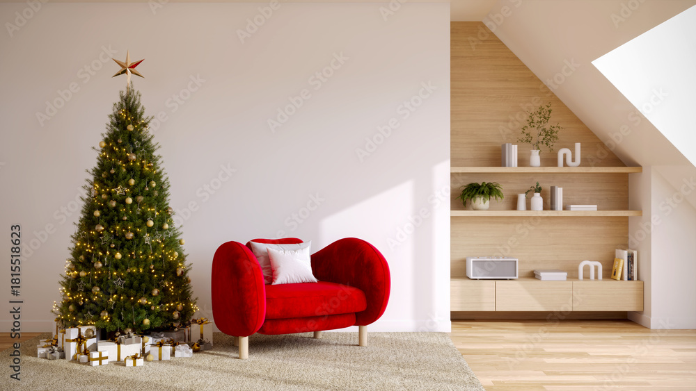 Obraz premium Minimalist interior design with red armchair and Christmas tree near white wall, Holiday concept, 3D rendering.