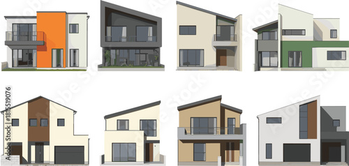 Modern residential house illustration set with contemporary architectural designs, 3D home exterior renders, stylish suburban housing collection vector