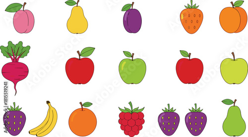 Mega Set of Colorful Flat Design Fruits and Vegetables Icons Vector Illustration