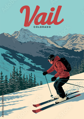 Vail Ski Resort Poster, Colorado Vintage Vector Travel Design Illustration