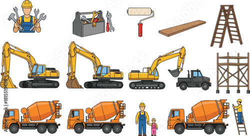 Construction site tools, vehicles, workers, scaffolding, ladder, cement mixer, excavator, toolbox, child safety, vector illustration for educational use