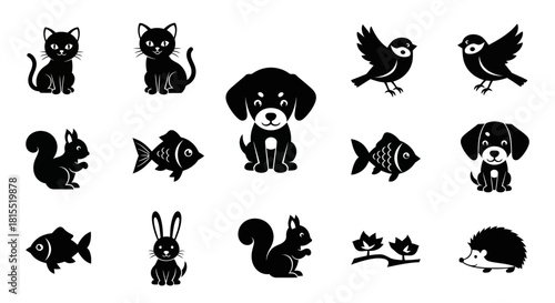 Charming collection of animal icons perfect for children's designs and pet-related projects, embracing simplicity and playful themes with a touch of whimsy