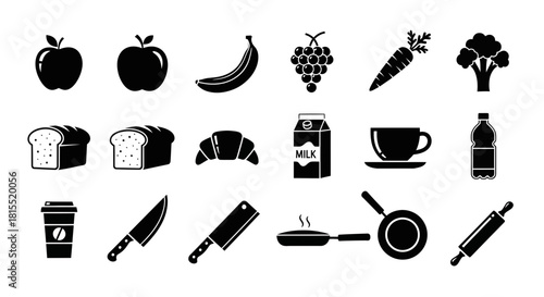 Fresh food and kitchenware icons for culinary creations, recipe blogs, or healthy lifestyle promotions, originally designed as a scalable vector graphic