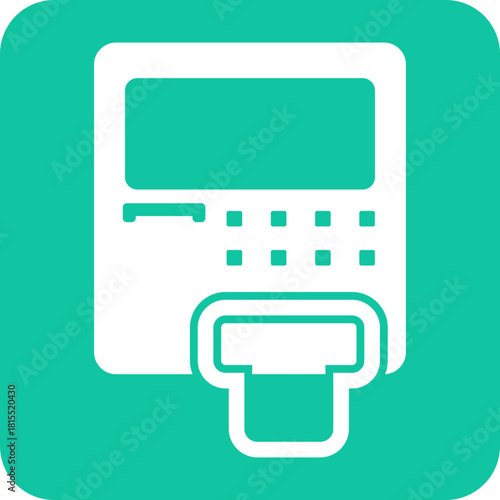 White icon of a payment terminal with a card slot and keypad on a teal background representing financial transactions