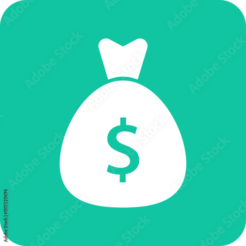 Simple white money bag icon with dollar sign on a vibrant teal background representing finance and wealth