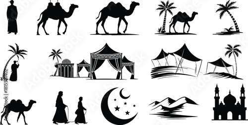 Desert culture silhouettes with camels, mosque, tents, palm trees, people, crescent moon, Middle Eastern traditions, Islamic symbols, and landscape elements