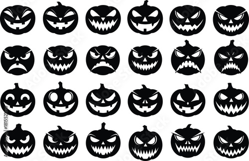 Mega Set of Black Halloween Jack O' Lantern Pumpkin Face Silhouettes Vector Illustration