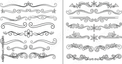 Elegant ornamental decorative flourishes with floral and leaf motifs for vintage borders, invitations, certificates, and classic graphic design accents