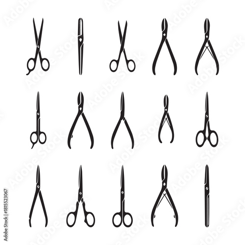 Collection of  black silhouettes featuring various styles of  grooming scissors on white