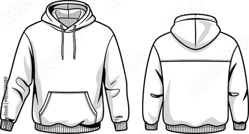 Front and back view vector illustration of blank hoodie sweatshirt with drawstring hood, kangaroo pocket, ribbed cuffs and hem.